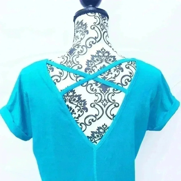 REEBOK Turquoise Scoop Neck “Beautiful” Open Criss Cross Back Athletic Tee (M) - Picture 6 of 8
